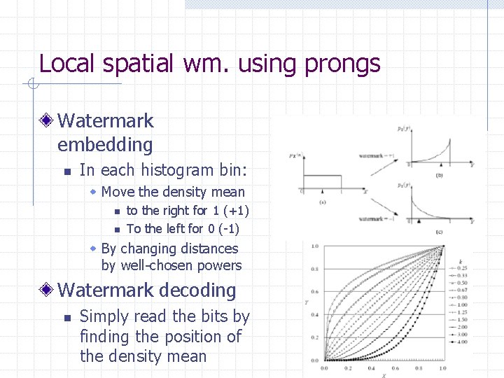 Local spatial wm. using prongs Watermark embedding n In each histogram bin: w Move