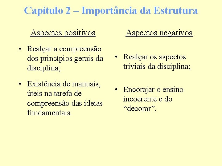 Capítulo 2 – Importância da Estrutura Aspectos positivos Aspectos negativos • Realçar a compreensão