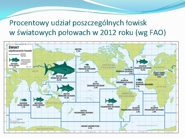 Procentowy udział poszczególnych łowisk w światowych połowach w 2012 roku (wg FAO) 