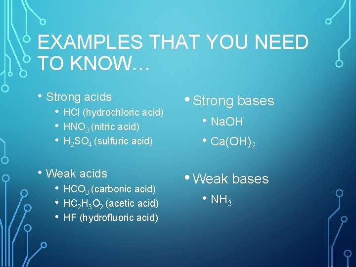 EXAMPLES THAT YOU NEED TO KNOW… • Strong acids • • • HCl (hydrochloric