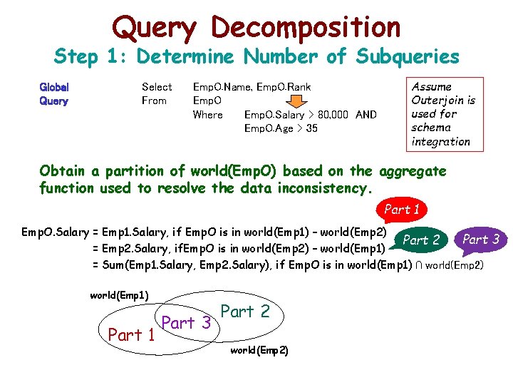 Query Decomposition Step 1: Determine Number of Subqueries Global Query Select From Emp. O.