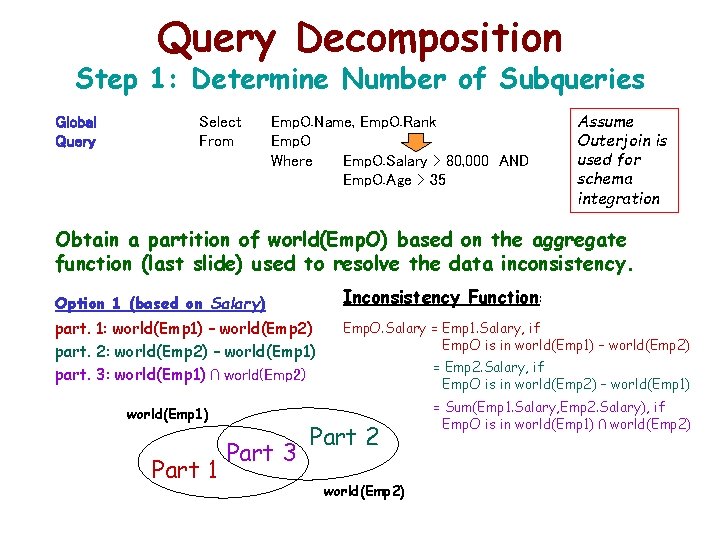 Query Decomposition Step 1: Determine Number of Subqueries Global Query Select From Emp. O.