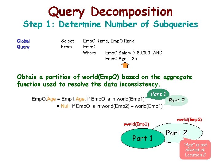 Query Decomposition Step 1: Determine Number of Subqueries Global Query Select From Emp. O.