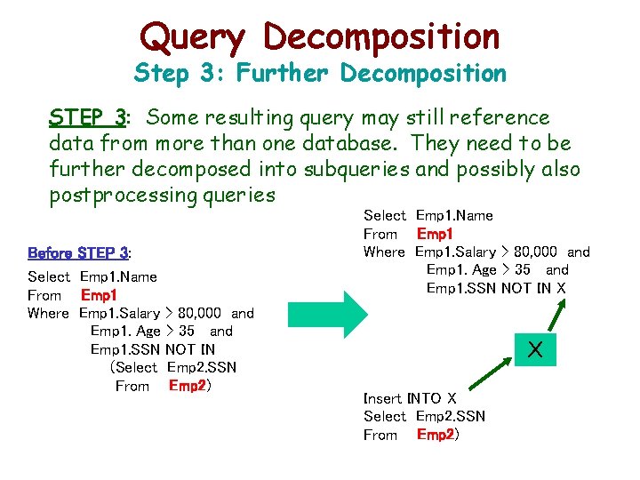 Query Decomposition Step 3: Further Decomposition STEP 3: Some resulting query may still reference