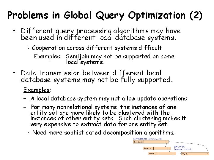 Problems in Global Query Optimization (2) • Different query processing algorithms may have been