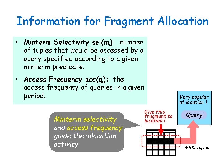 Information for Fragment Allocation • Minterm Selectivity sel(mi): number of tuples that would be