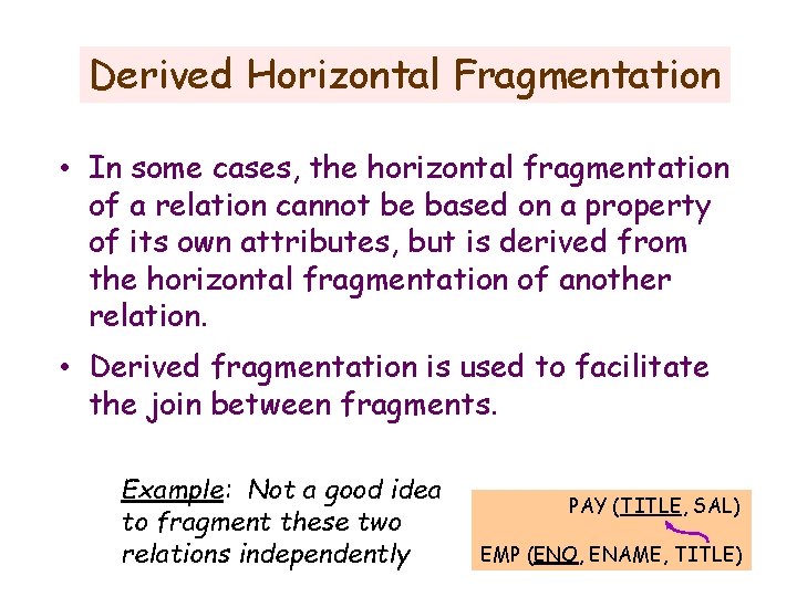 Derived Horizontal Fragmentation • In some cases, the horizontal fragmentation of a relation cannot