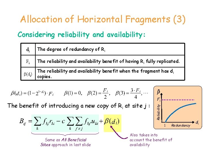 Allocation of Horizontal Fragments (3) Considering reliability and availability: di The degree of redundancy