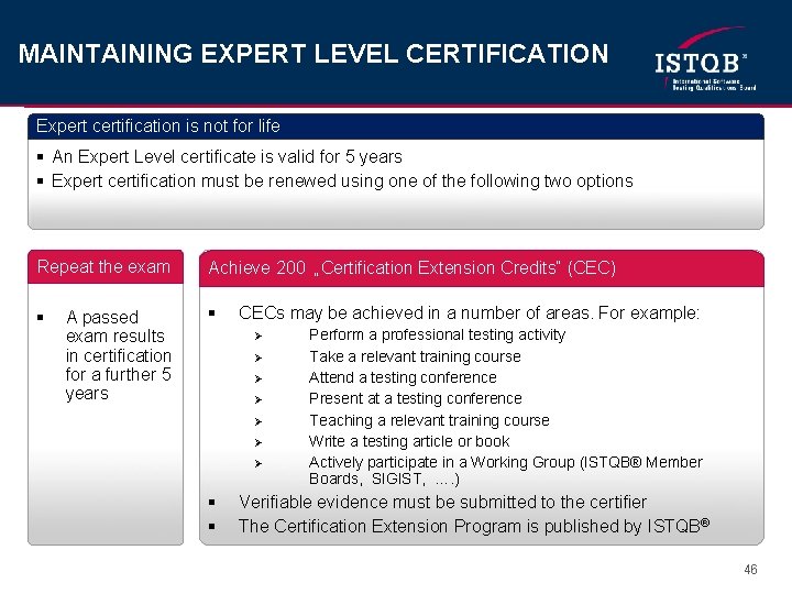 MAINTAINING EXPERT LEVEL CERTIFICATION Expert certification is not for life § An Expert Level