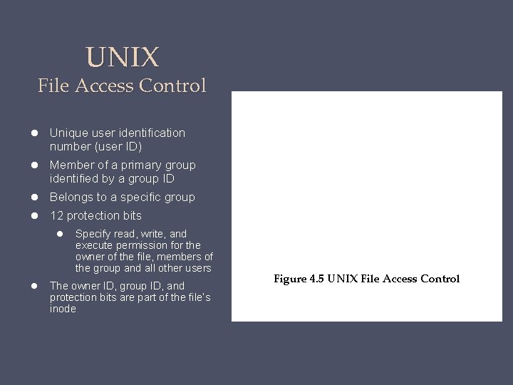UNIX File Access Control Unique user identification number (user ID) Member of a primary