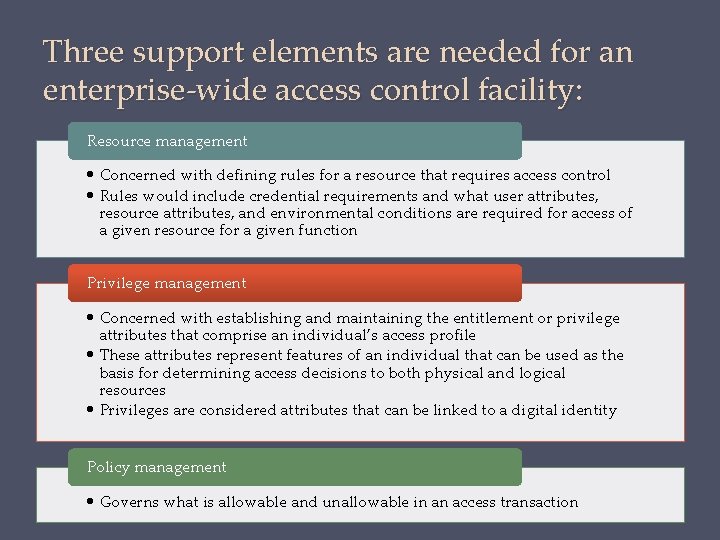 Three support elements are needed for an enterprise-wide access control facility: Resource management •