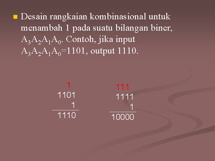 n Desain rangkaian kombinasional untuk menambah 1 pada suatu bilangan biner, A 3 A
