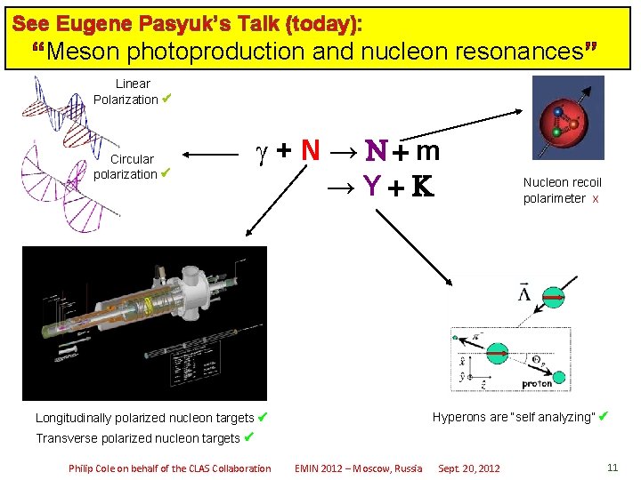 See Eugene Pasyuk’s Talk (today): “Meson photoproduction and nucleon resonances” Linear Polarization Circular polarization