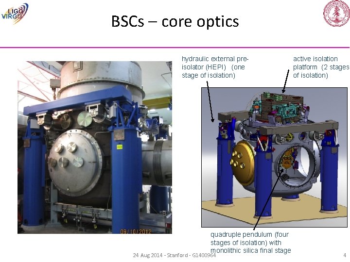 BSCs – core optics hydraulic external preisolator (HEPI) (one stage of isolation) quadruple pendulum
