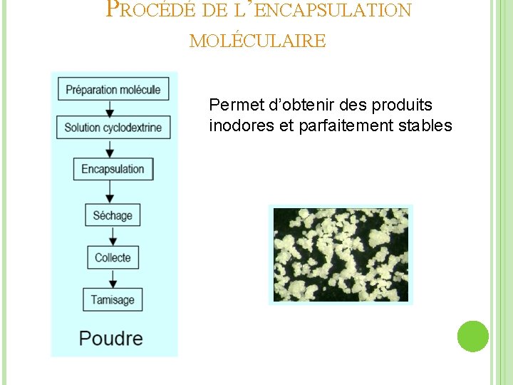 PROCÉDÉ DE L’ENCAPSULATION MOLÉCULAIRE Permet d’obtenir des produits inodores et parfaitement stables 