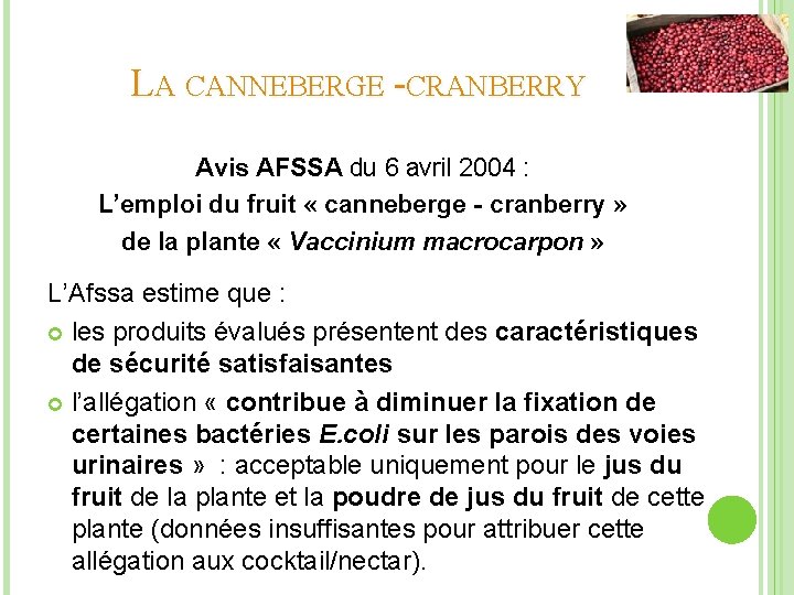 LA CANNEBERGE -CRANBERRY Avis AFSSA du 6 avril 2004 : L’emploi du fruit «