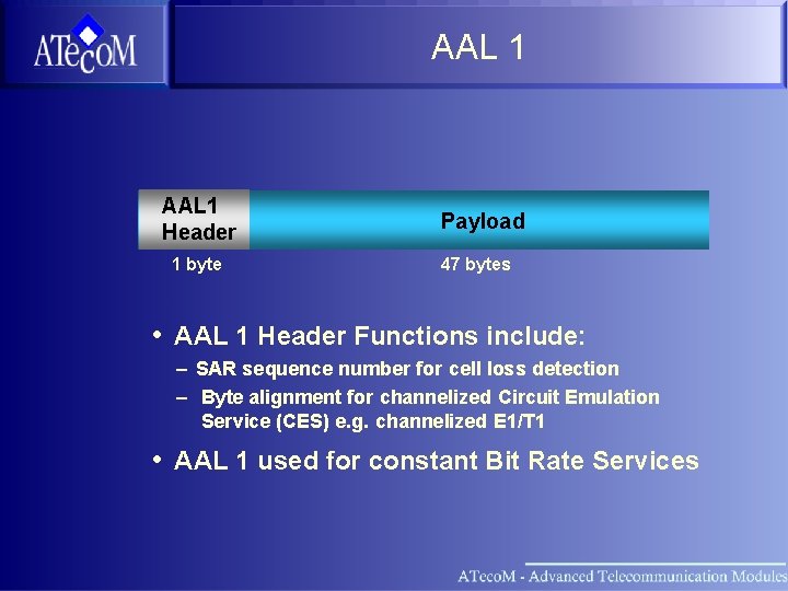 AAL 1 Header 1 byte Payload 47 bytes • AAL 1 Header Functions include: