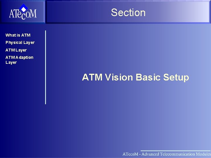 Section What is ATM Physical Layer ATM Adaption Layer ATM Vision Basic Setup 