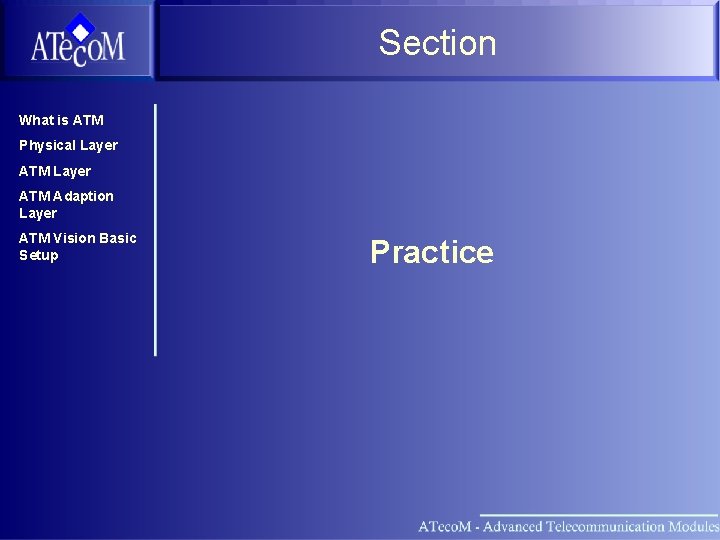 Section What is ATM Physical Layer ATM Adaption Layer ATM Vision Basic Setup Practice