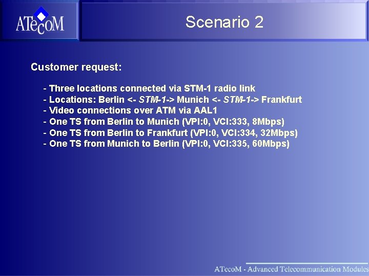 Scenario 2 Customer request: - Three locations connected via STM-1 radio link - Locations: