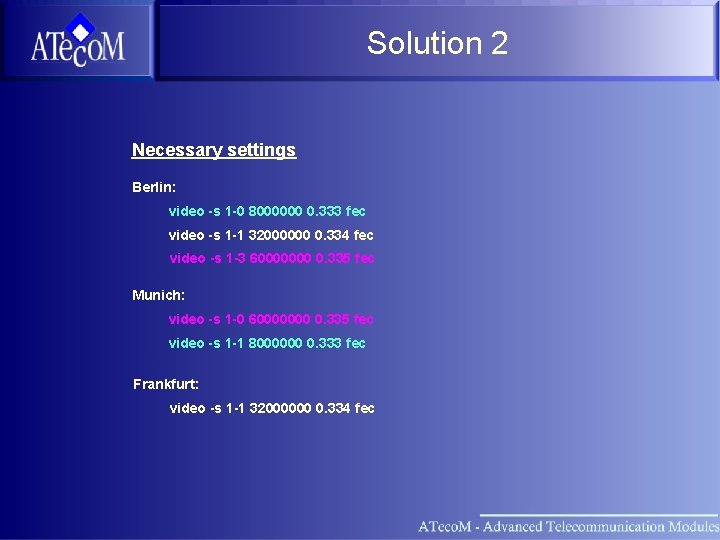 Solution 2 Necessary settings Berlin: video -s 1 -0 8000000 0. 333 fec video