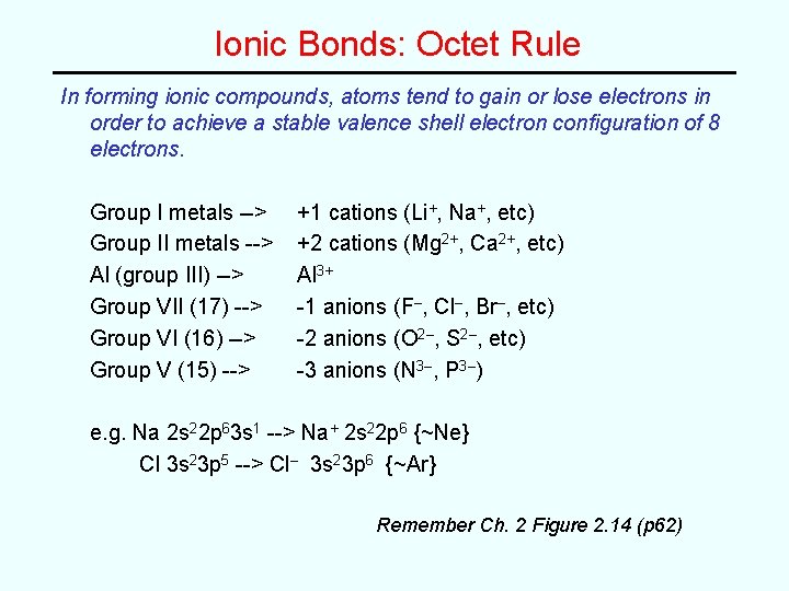 Ionic Bonds: Octet Rule In forming ionic compounds, atoms tend to gain or lose