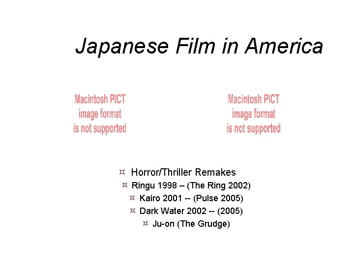 Japanese Film in America Horror/Thriller Remakes Ringu 1998 – (The Ring 2002) Kairo 2001