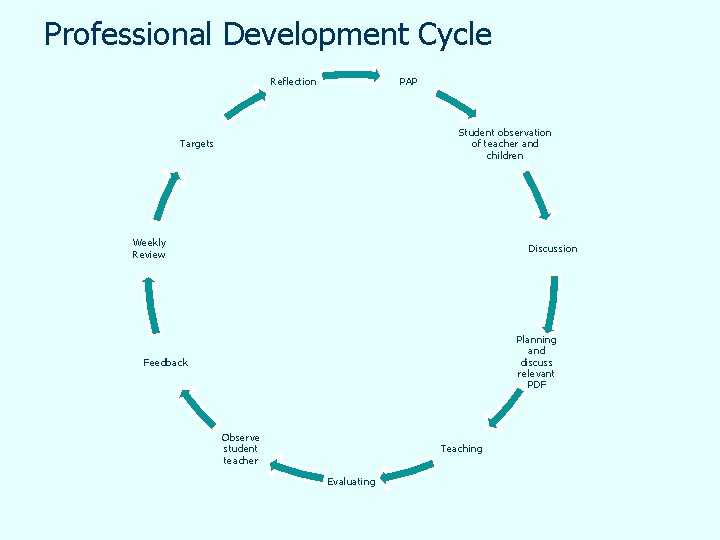 Professional Development Cycle Reflection PAP Student observation of teacher and children Targets Weekly Review