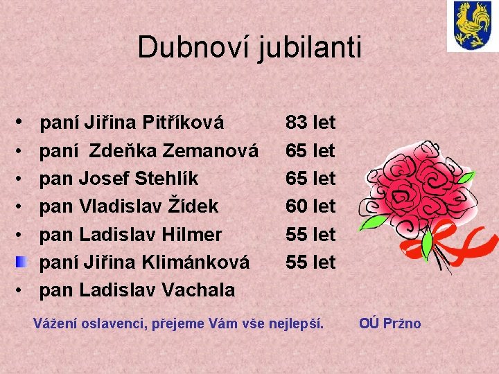 Dubnoví jubilanti • paní Jiřina Pitříková • • • 83 let paní Zdeňka Zemanová