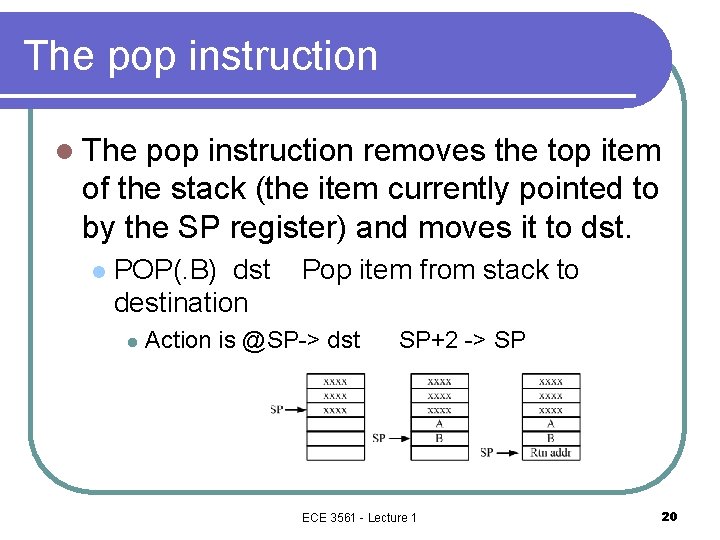 The pop instruction l The pop instruction removes the top item of the stack
