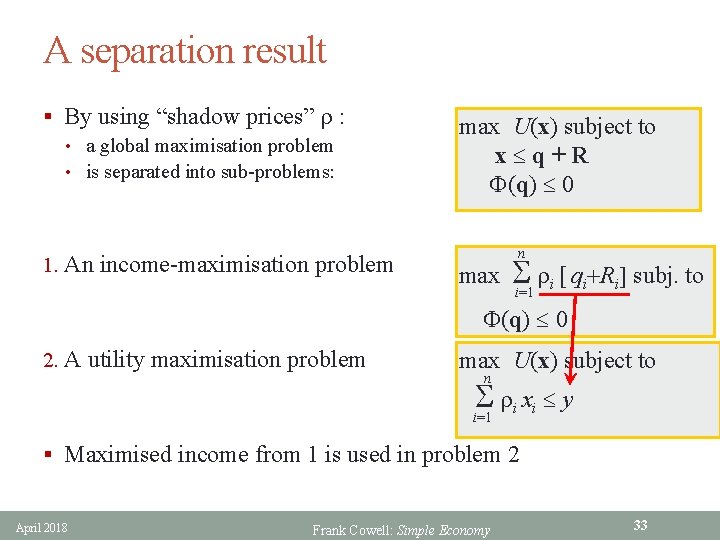 A separation result § By using “shadow prices” r : • a global maximisation