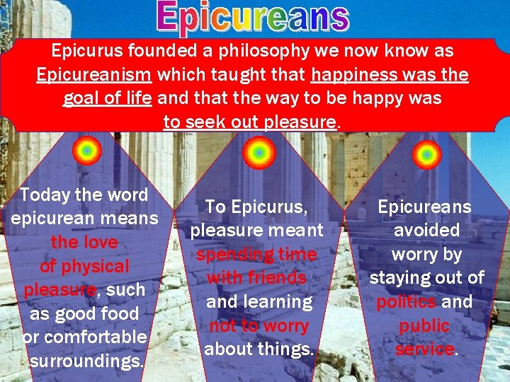 Epicurus founded a philosophy we now know as Epicureanism which taught that happiness was