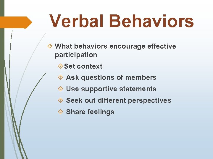Verbal Behaviors What behaviors encourage effective participation Set context Ask questions of members Use
