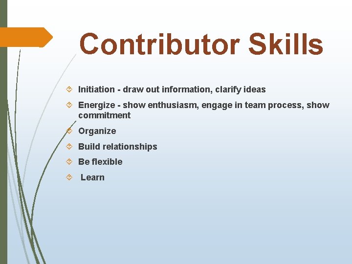 Contributor Skills Initiation - draw out information, clarify ideas Energize - show enthusiasm, engage