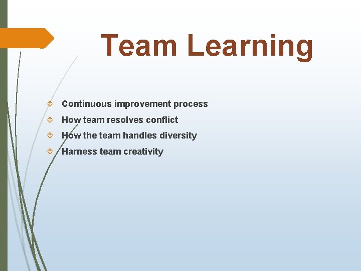 Team Learning Continuous improvement process How team resolves conflict How the team handles diversity