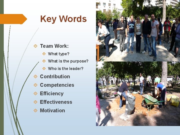 Key Words Team Work: What type? What is the purpose? Who is the leader?