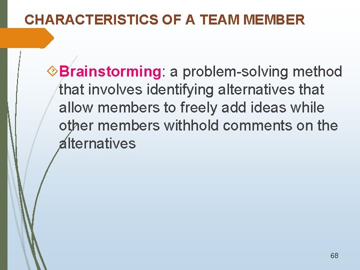 CHARACTERISTICS OF A TEAM MEMBER Brainstorming: a problem-solving method that involves identifying alternatives that