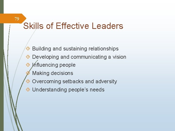 79 Skills of Effective Leaders Building and sustaining relationships Developing and communicating a vision