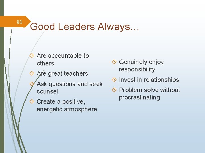 81 Good Leaders Always… Are accountable to others Are great teachers Ask questions and