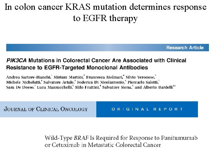 In colon cancer KRAS mutation determines response to EGFR therapy Mutant KRAS +EGFR -EGFR