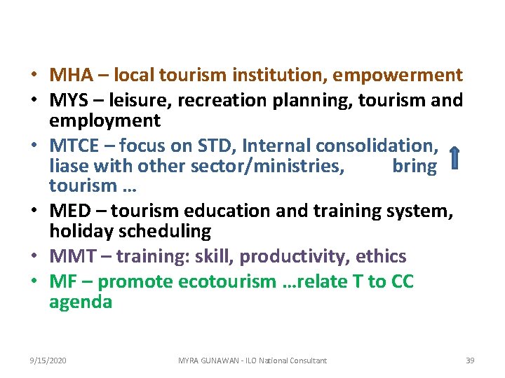  • MHA – local tourism institution, empowerment • MYS – leisure, recreation planning,