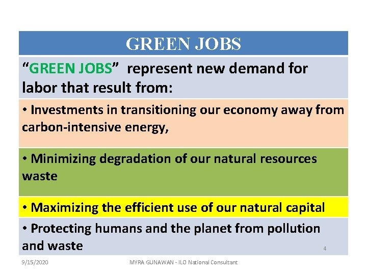 GREEN JOBS “GREEN JOBS” represent new demand for labor that result from: • Investments