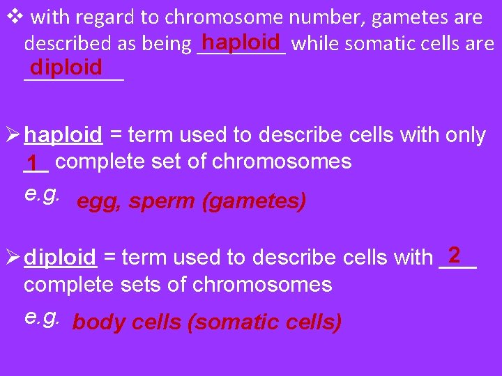 v with regard to chromosome number, gametes are haploid described as being ____ while