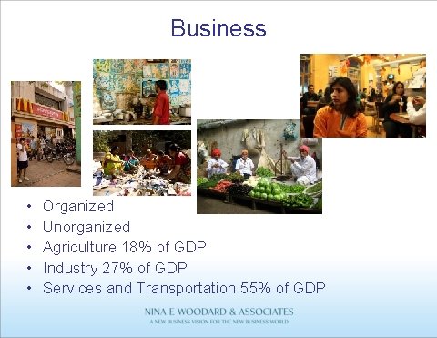 Business • • • Organized Unorganized Agriculture 18% of GDP Industry 27% of GDP