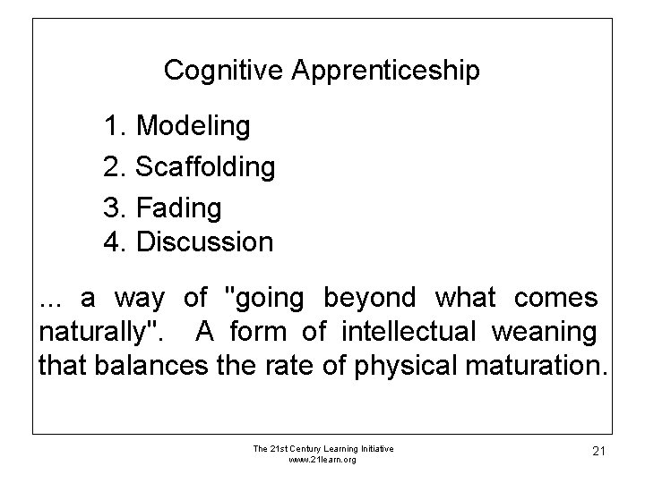 Cognitive Apprenticeship 1. Modeling 2. Scaffolding 3. Fading 4. Discussion. . . a way Cognitive Apprenticeship 1. Modeling 2. Scaffolding 3. Fading 4. Discussion. . . a way