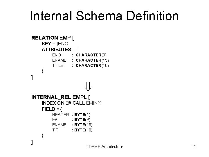 Internal Schema Definition RELATION EMP [ KEY = {ENO} ATTRIBUTES = { ENO ENAME Internal Schema Definition RELATION EMP [ KEY = {ENO} ATTRIBUTES = { ENO ENAME