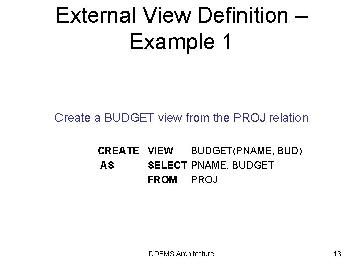 External View Definition – Example 1 Create a BUDGET view from the PROJ relation External View Definition – Example 1 Create a BUDGET view from the PROJ relation