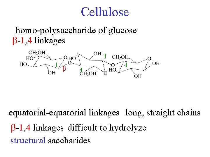 Cellulose homo-polysaccharide of glucose -1, 4 linkages 1 1 4 4 equatorial-equatorial linkages long,