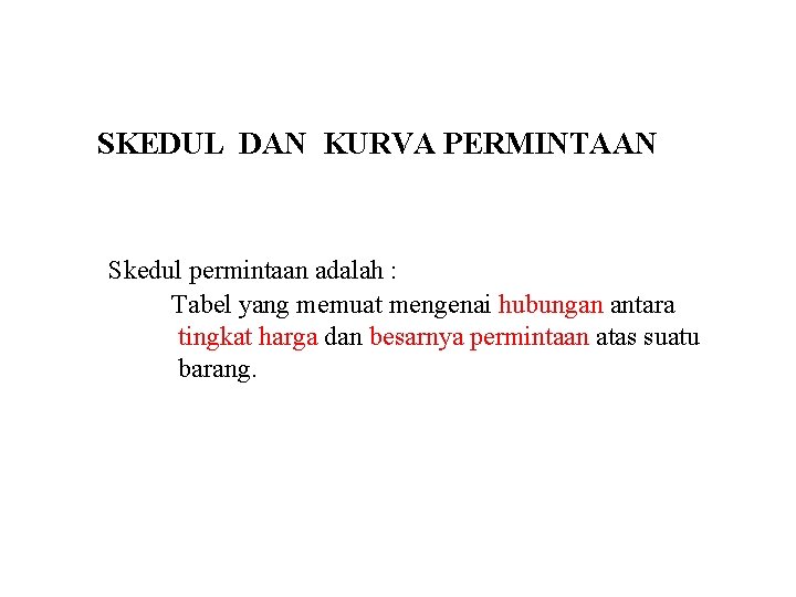 SKEDUL DAN KURVA PERMINTAAN Skedul permintaan adalah : Tabel yang memuat mengenai hubungan antara