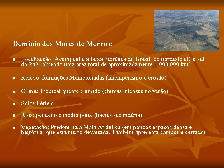 Domínio dos Mares de Morros: n Localização: Acompanha a faixa litorânea do Brasil, do